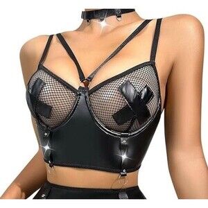 Pu Leather Strappy Garter Fishnet Bra SHEIN Womens 3XL
